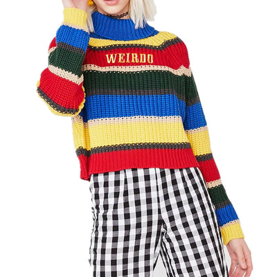 Suéter Cuello Alto Rayas Arcoíris con Bordado de Letras - Pullover Holgado Casual para Mujer - Image 9