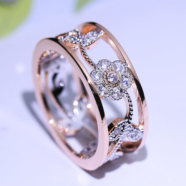 Anillo de Compromiso Flor de Diamante con Hojas de Vid - Regalo Perfecto para Bodas y Compromisos
