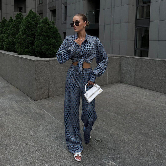 Conjunto de Moda Elegante: Camisa Estampada Manga Larga con Pantalón Ancho - Image 8