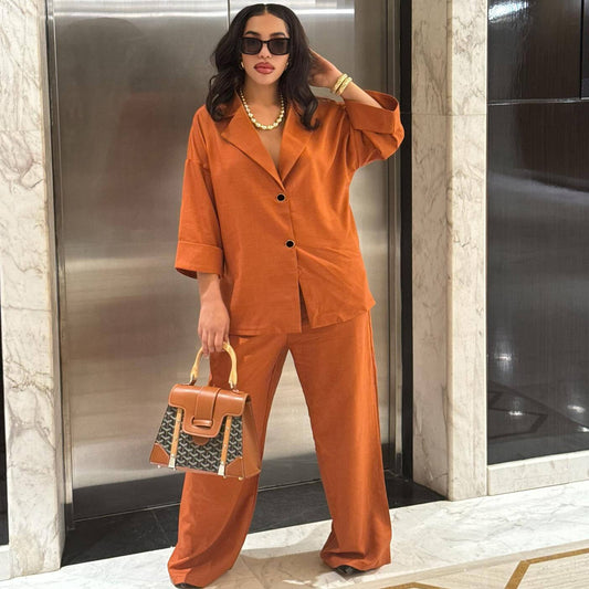 Conjunto de Dos Piezas: Camisa Suelta con Solapa y Pantalón Recto de Talle Alto