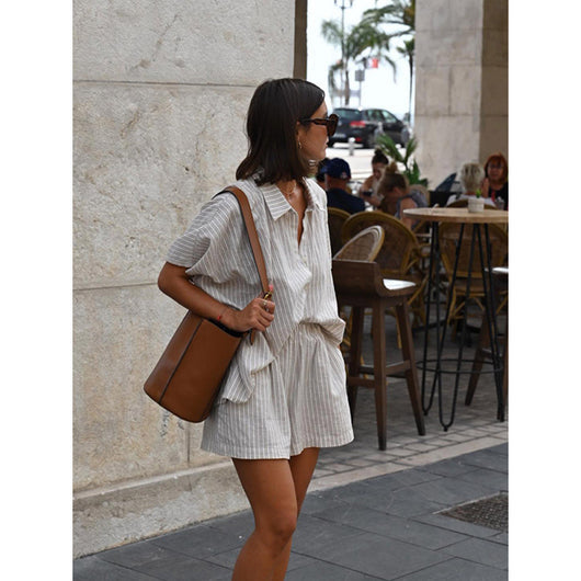 Conjunto de Camisa y Shorts a Rayas Holgado y Casual - Image 5