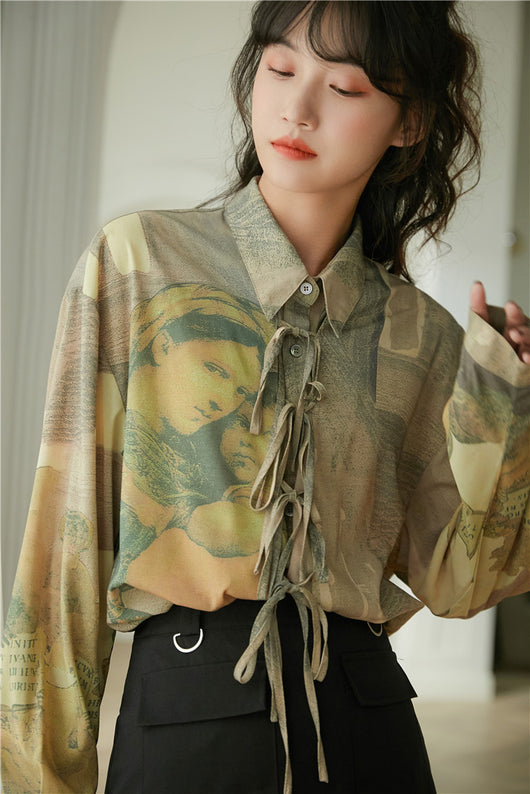 Camisa Manga Larga Estilo Óleo Retro con Moño - Image 13