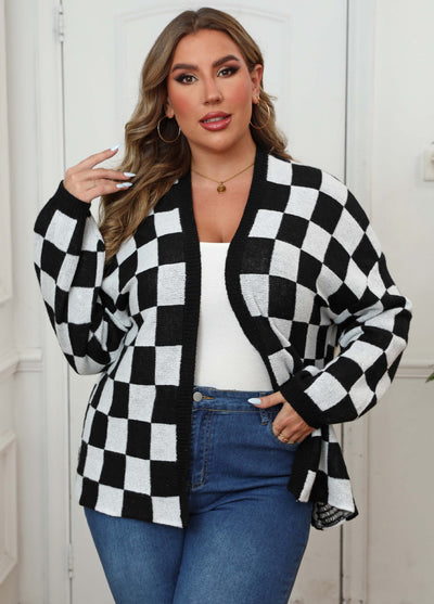 Suéter Cardigan Patchwork Contraste Cuadros Ajedrez Holgado Casual - Image 13