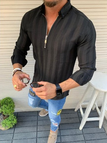 Camisa Casual de Rayas con Solapa y Cierre
