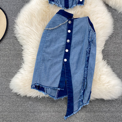 Conjunto Denim Tube Top con Falda Corta Irregular - Image 8