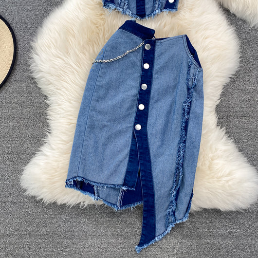 Conjunto Denim Tube Top con Falda Corta Irregular - Image 8