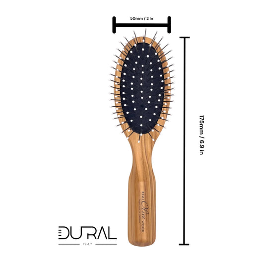 Dural Olive wood hair brush with rubber cushion, steel pins with ball tips - Tekeno