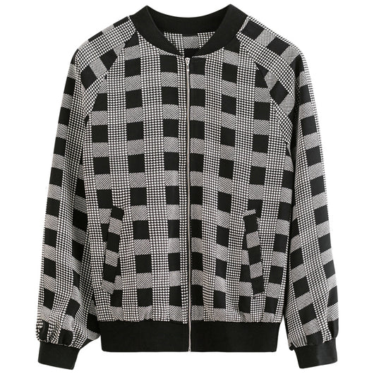 Chaqueta Cuadros Blanco y Negro Mujer - Estilo Retro Casual Baseball - Image 13