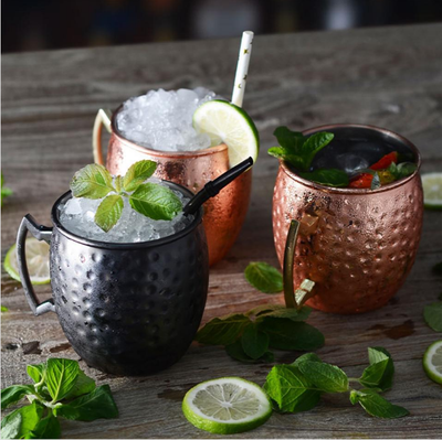 Vaso Cóctel Moscow Scorpion Acero Inoxidable Efecto Martillado Plateado Negro