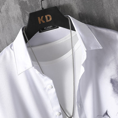 Camisa de Manga Larga con Estampado Artístico Tinta China - Diseño Trendy para Hombre - Image 9