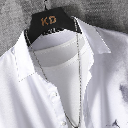 Camisa de Manga Larga con Estampado Artístico Tinta China - Diseño Trendy para Hombre - Image 9