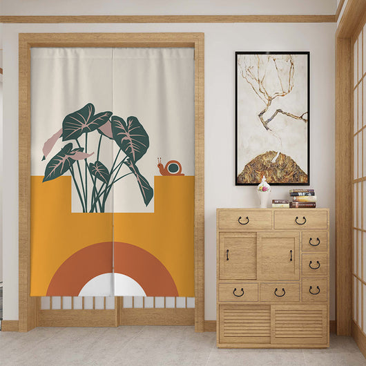 Fabric door curtain with a modern botanical design, featuring large green leaves, a snail, and geometric shapes. - Image 9