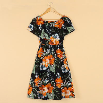 Family matching Hawaiian outfits: men's shirt and shorts, women's off-shoulder maxi dress, girl's dress, boy's shirt and shorts, all with black, orange hibiscus - Image 21
