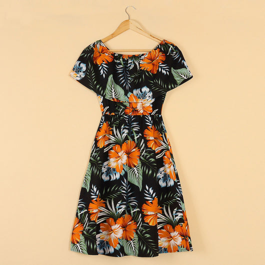 Family matching Hawaiian outfits: men's shirt and shorts, women's off-shoulder maxi dress, girl's dress, boy's shirt and shorts, all with black, orange hibiscus - Image 21
