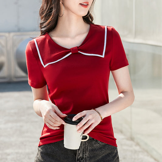 Blusa Coreana Cuello Redondo con Lazo Ajustada de Algodón Manga Corta