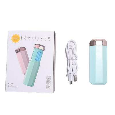 Portable UVC germicidal wand with an octagonal light blue body and a dark brown cap, featuring visible UVC bulbs. - Image 4