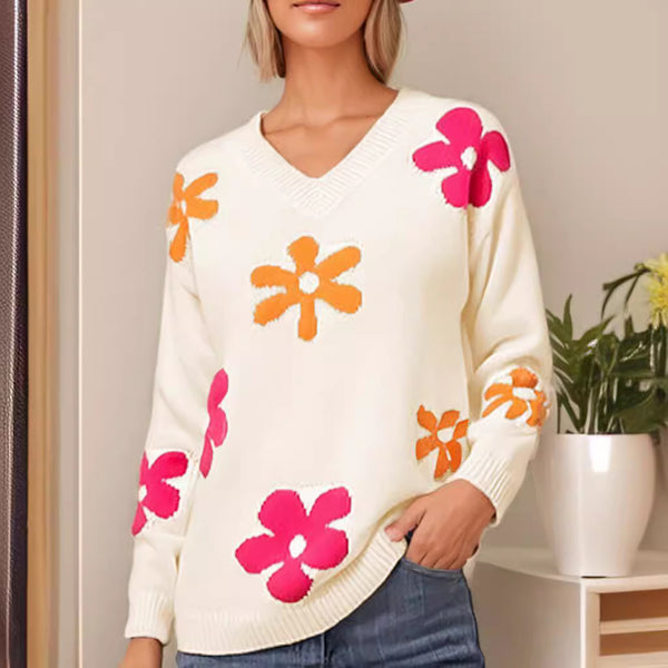 Blusa Casual de Punto con Cuello V y Mangas Largas Estampado Floral
