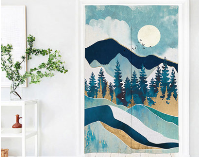 Fabric partition curtain with an abstract mountain landscape, featuring a peach sunset and flying birds, in blue, green, and cream. - Image 2