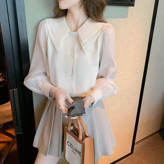 Blusa Larga de Gasa con Cuello Muñeca y Mangas Farol para Mujer - Image 10