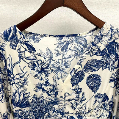 Vestido Azul y Blanco con Estampado Porcelana Chino - Cuello V Manga Media - Image 17
