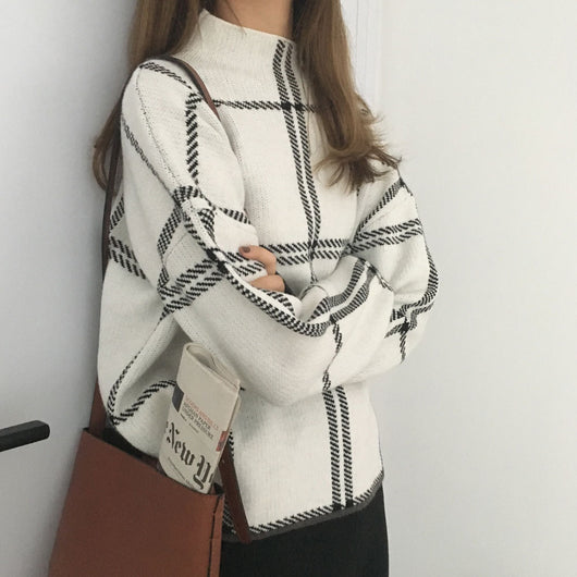 Suéter de Cuello Alto a Cuadros con Núcleo Hilado para Mujer - Image 4