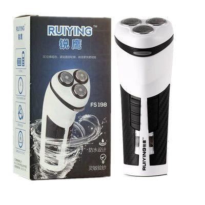 White and black Ruiying electric rotary shaver with three heads next to its dark blue product box.