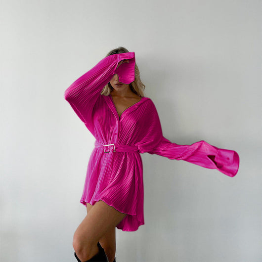 Vestido Camisero Plisado para Mujer - Manga Larga Versátil - Image 13