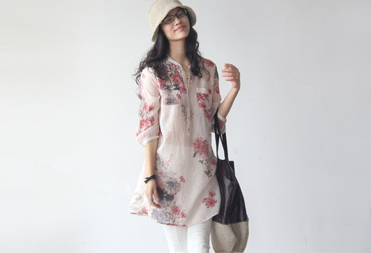 Blusa Larga de Lino y Algodón con Estampado Floral - Manga 7/8 Holgada Estilo Coreano - Image 4