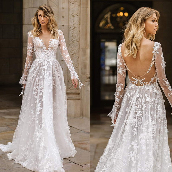 Vestido de Novia Elegante con Encaje y Mangas Largas