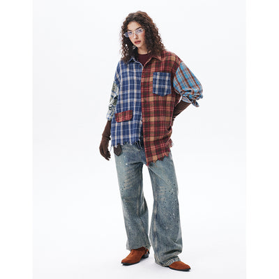Camisa de Manga Larga Estilo Retro Americano con Diseño de Cuadros y Costuras - Image 2