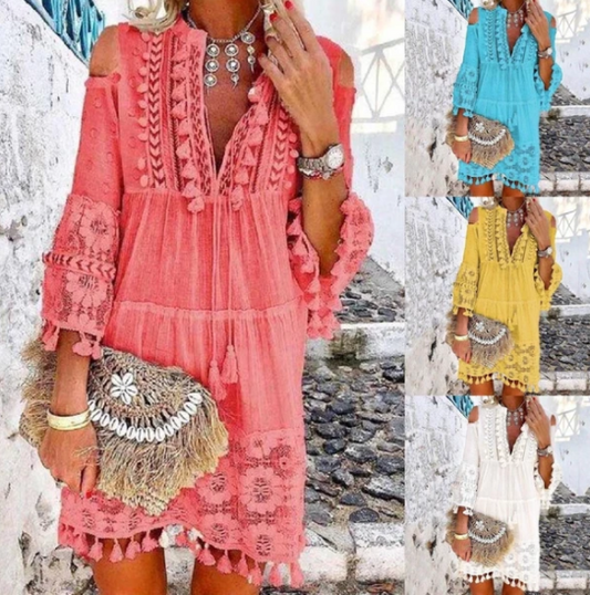 Blusa de Encaje Midi con Flecos Delicados