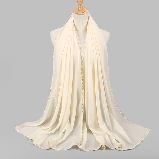 Pañuelo Elegante de Encaje Monocromático y Gasa Perlada para Mujer - Image 9