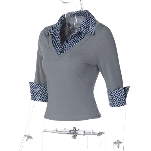 Blusa Cuello Alto Manga Larga con Estampado Patchwork Cuadros - Image 21
