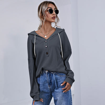 Camisa Hoodie con Botones de Color Sólido para Mujer - Image 6