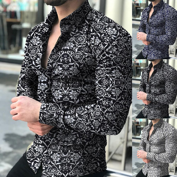 Camisa Casual Floral con Solapa Estampada de Manga Larga