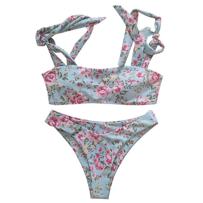 Light blue floral print bikini with tie-shoulder bandeau top and high-cut bottoms. - Image 9