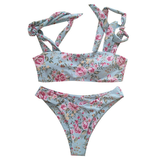 Light blue floral print bikini with tie-shoulder bandeau top and high-cut bottoms. - Image 9