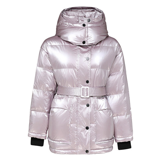Abrigo Parka Mujer Plumas de Pato Blanco Cintura Ajustable Brillo Plateado - Image 2