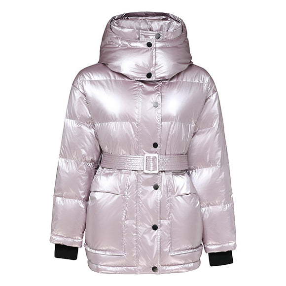 Abrigo Parka Mujer Plumas de Pato Blanco Cintura Ajustable Brillo Plateado