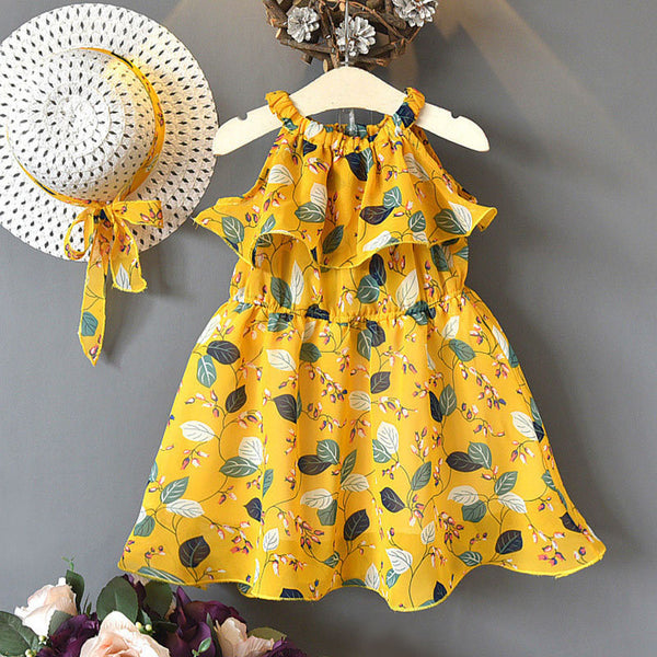 Vestido Infantil Bohemio Gasa Hojas Sin Mangas