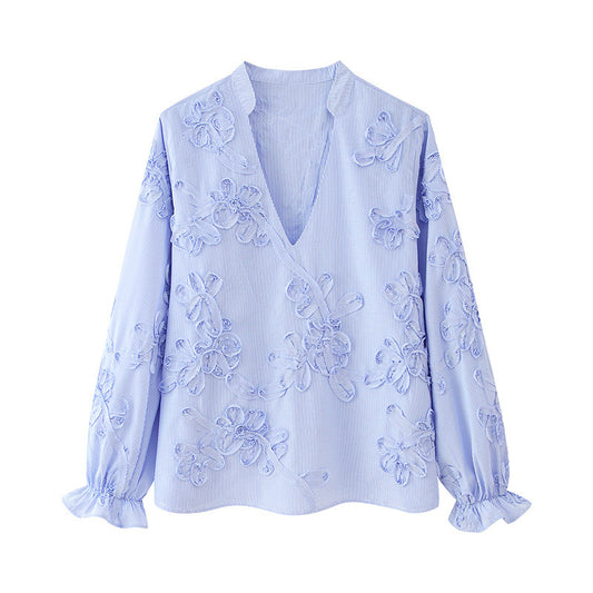 Camisa de Manga Larga Popelina Floral con Rayas Texturizadas