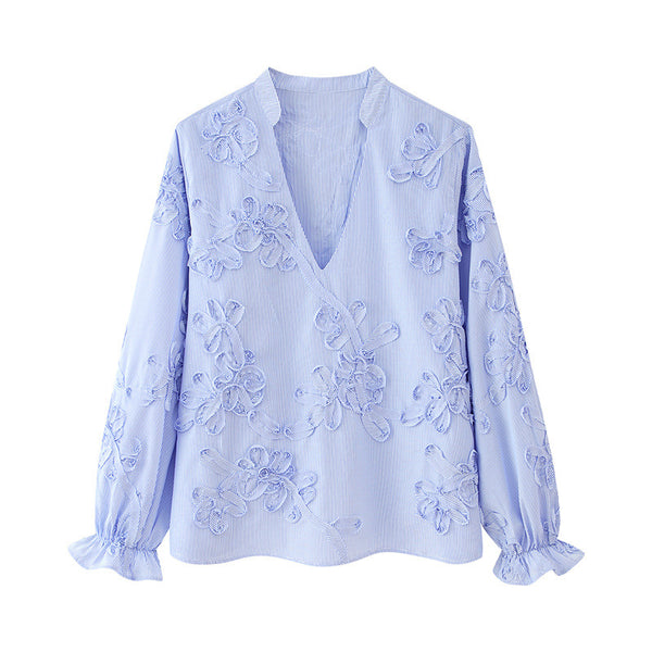 Camisa de Manga Larga Popelina Floral con Rayas Texturizadas
