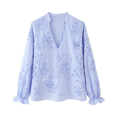 Camisa de Manga Larga Popelina Floral con Rayas Texturizadas