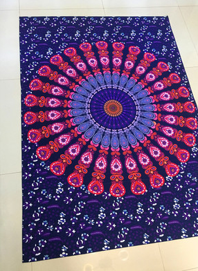 Large blue mandala hanging cloth with a detailed circular pattern and floral borders, made of chemical fiber. - Image 17