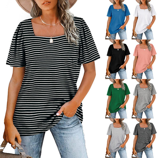 Camiseta de Cuello Cuadrado con Rayas Fruncidas para Mujer
