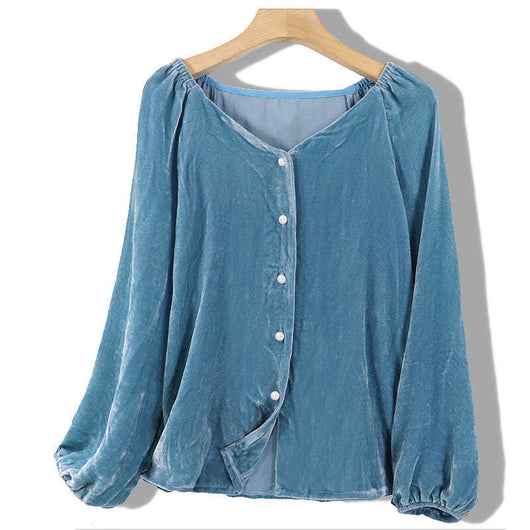 Blusa Elegante de Terciopelo Dorado con Cuello en V y Mangas Largas - Image 13