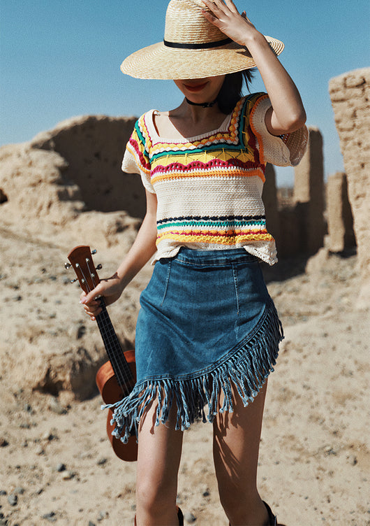 Falda Denim Retro Irregular con Flecos - Image 11