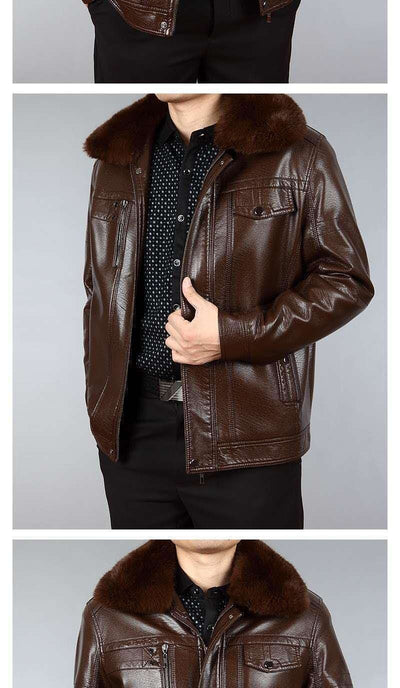 Chaqueta de Cuero para Hombre con Cuello de Piel y Solapa Clásica - Image 12