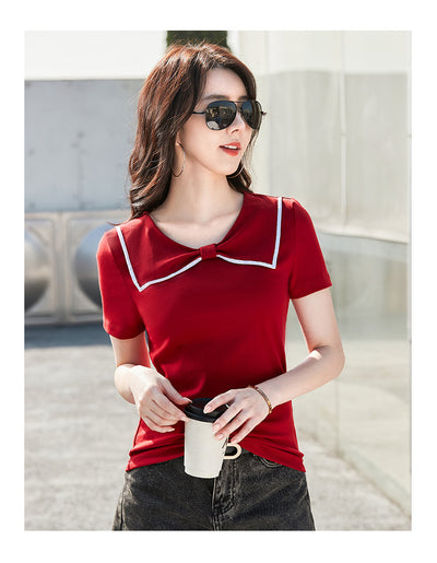 Blusa Coreana Cuello Redondo con Lazo Ajustada de Algodón Manga Corta - Image 21