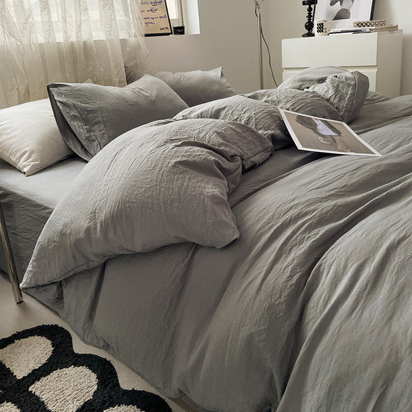 Juego de Cama 4 Piezas Algodón Lavado Efecto Arena Color Sólido